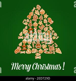Frohe Weihnachten Poster. Vektor Lebkuchen weihnachtsbaum von gebackenen und glasierten Lebkuchen Keks Formen Schneemann, Cookie-Ornamente, santa, Stern, Ball, Stock Vektor