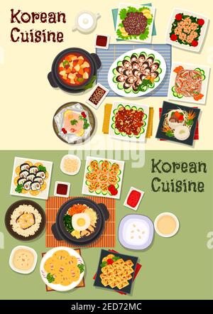 Koreanische Küche Ikone Set mit Sushi-Rolle, gegrilltem Fleisch, Fisch, Blutwurst, gemischtem Gemüsereis, Eierrolle, Hühnerreis, Rindfleisch Eintopf, Spinat Garnelen, b Stock Vektor