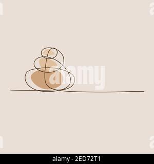Stapel von Steinen in ununterbrochener Linie gezogen. Minimale Illustration für Spa, Massage, Entspannung. Meditationsposter mit Kieselsteinen Stock Vektor