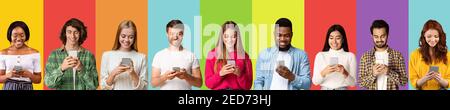 Phubbing-Konzept. Collage mit diversen jungen Menschen, die in Handys stecken, studieren, arbeiten, im Web surfen oder soziale Medien Stockfoto
