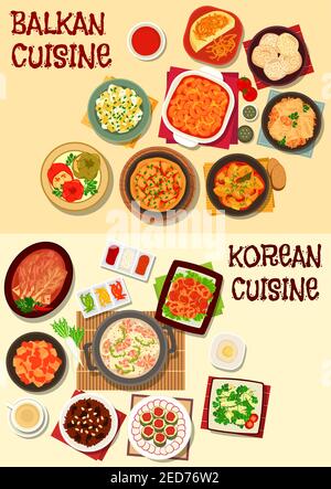 Koreanische und balkan-Küche mit Kimchi-Gemüse, Meeresfrüchte-Suppe, Gemüse-und Bohneneintopf, marinierten Fisch, gefüllten Kohl und Pfeffer, Polenta, Stock Vektor