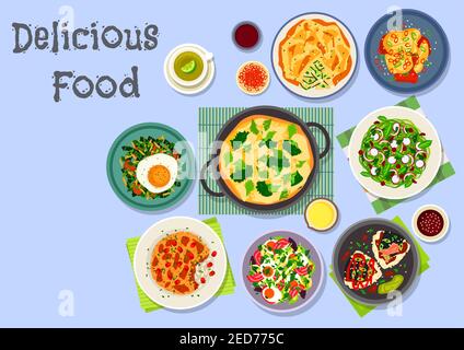 Frühstücksmenü Ikone von gebratenem Reis mit Kimchi, Gemüsekuchen, Omelette mit Käse und Brokkoli, Reissalat mit Rettich und Kohl, Thunfisch onigiri, Lam Stock Vektor