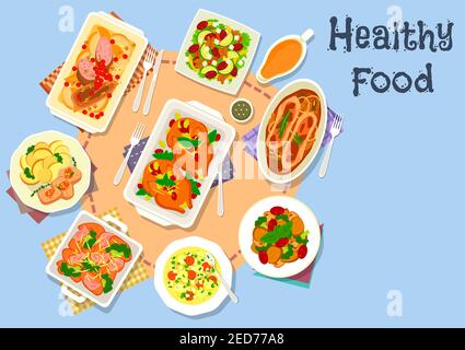 Fleisch und Gemüsegerichte zum Abendessen Ikone des Schweinefleisches gebacken mit Apfel, Honig, Nuss und Aprikose, gebackenes Huhn mit Trauben, Gemüsesalat, Kartoffelschinken Stock Vektor