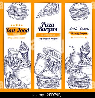 Fast Food Skizze Banner Set von Pizza und Burger, Hamburger und Cheeseburger mit pommes Frites, Hot Dog Sandwich, Kaffee oder Soda Drink Cup, Eis Stock Vektor