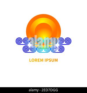 Logo für Resort, Hotel, Reisebüro, Spa mit Sonne und Meer. Geometrische abstrakte Sommer-Ikone mit Meer und Sonnenaufgang. Vektorgrafik Stock Vektor