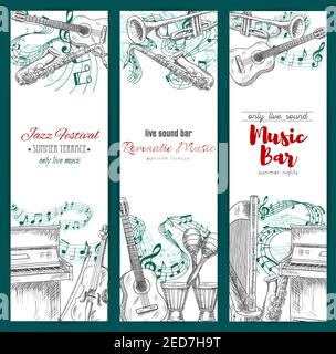 Musikfestival, Musik Bar Banner Set. Vektor Skizze Musikinstrumente Jazz Saxophon, akustische Gitarre und Klavier mit Geigenbogen, Maracas und ethn Stock Vektor
