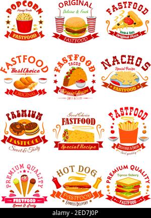 Fast Food-Embleme. Popcorn, Cheeseburger und Pizza, Chicken Leg, Tacos und Nachos Chips, Donut, Burrito oder Döner Kebab, pommes frites und Hot Dog, Eis Stock Vektor