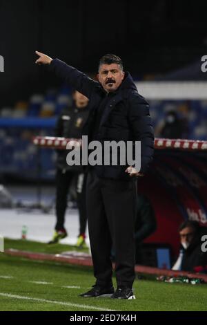 Neapel, Italien. Februar 2021, 13th. Napoli italienischen Trainer Gennaro Gattuso Gesten während der Serie A Fußballspiel SSC Napoli gegen FC Juventus. Napoli gewann 1-0. Kredit: Unabhängige Fotoagentur/Alamy Live Nachrichten Stockfoto