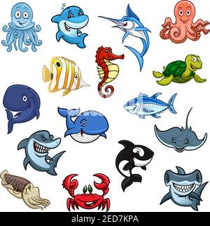 Cartoon Meerestiere, Ozeanfische. Vektor isolierte Symbole von Delphin, Wal und Hai, Tintenfisch und Tintenfisch, Cachalot und Killerwal oder Orca, Butterflyf Stock Vektor