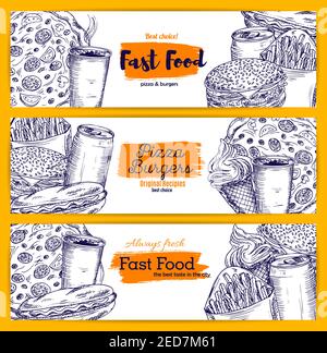 Fast-Food-Banner Set von Vektor-Skizze Cheeseburger und pommes frites, Pizza und Hot Dog, Hamburger und Popcorn, Burger Sandwiches und Eis mit Stock Vektor
