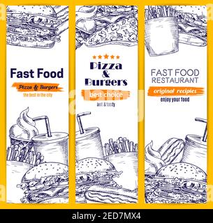 Fast-Food-Banner Satz von Skizze Burger, Pizza und Sandwiches. Vector Hot Dog mit Wurst und Cheeseburger, pommes Frites und Hamburger, süßes Popcorn Stock Vektor
