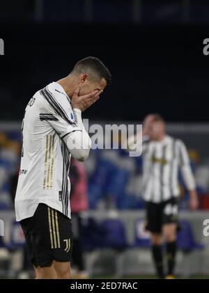2/13/2021 - Juventus' portugiesischer Stürmer Cristiano Ronaldo reagiert nach einem Torfehlgang während des Fußballspiels SSC Napoli gegen FC Juventus. Napoli gewann 1-0. (Foto von IPA/Sipa USA) Stockfoto