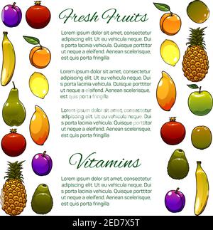 Obst-Banner. Vector frische Bio-Obst-Ernte von reifen Ananas, exotische Mango, tropische Kiwi und Banane, Birne oder Avocado, Zitrone, Orange oder ta Stock Vektor