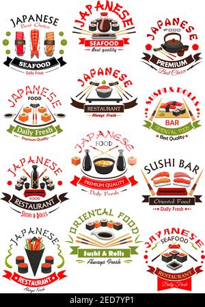Sushi-Sashimi und japanische Meeresfrüchte-Embleme. Orientalischer Fisch und Meeresfrüchte Küche Food Vektor isoliert Ikonen von Lachs, Thunfisch, Aal und Garnelen mit gedünsteten Stock Vektor