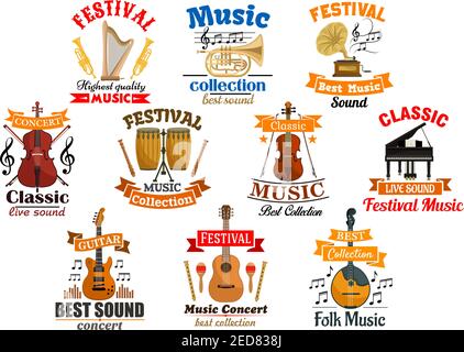 Instrumente für Musik und Melodie Noten mit Band Satz von Symbolen. Schlagzeug und Akustik, E-Gitarre, Grammophon und Harfe, Geige mit Fiddlestick Stock Vektor