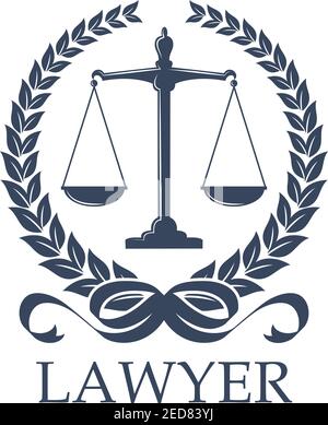 Rechtsanwalt Zeichen der Skala in Lorbeerkranz. Wagher für Gerechtigkeit und Schiedsrichter oder Waage. Strafverfolgung und Rechtsverteidigung Gleichgewicht, Urteil und Schutz, Gesetze Stock Vektor