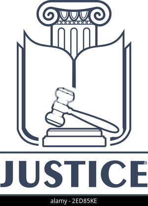 Griechische Säule mit Türsturz und geöffneten Buchseiten, Richter Gavel oder Hammer. Gericht Entscheidung macht Logo oder Urteil des Gesetzes Symbol, alte griechenland kriminellen Syst Stock Vektor