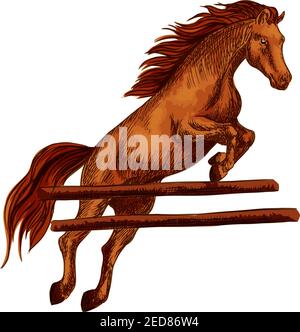 Brauner arabischer Mustang springt über Barriere und läuft auf Pferderennen. Vektor Skizze Pferdehengst für Pferdesport, Reiten, Pferd r Stock Vektor