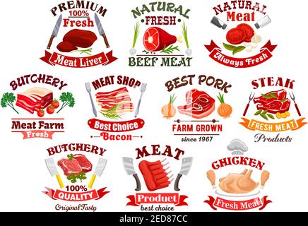 Ikonen von Fleischprodukten wie Huhn auf Teller und Rindersteak, Speck mit Blatt und Lamm oder Kuhfleisch mit Zwiebeln und Gewürzen, Gabeln und Messer, Solnice und Stock Vektor