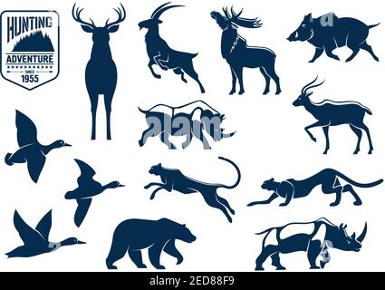 Jagd Tiere Silhouette Symbole. Hirsch und Hirsch, Capra oder Bergziege, Rentier mit Geweih und Wapiti, Cervus und Wildschwein, Nashorn oder Nashorn, p Stock Vektor