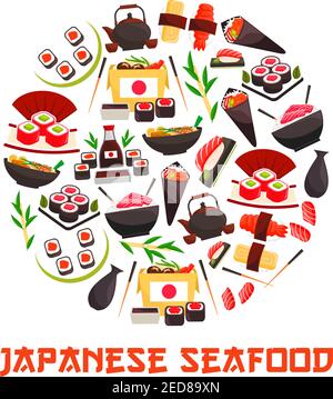 Japan Meer und Sushi Food Banner. Garnelen und Lachs, Thunfisch und Reisrollen, Bento mit Tamago und Sashimi, Temaki, kaviar oder Ikura auf ebi, Rogen und Nigiri Stock Vektor