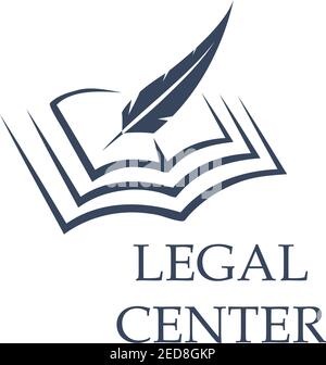 Legal Center Symbol als Feder Schrift auf Buch. Urteilsbescheinigung oder Polizeidokument, Verbrechen Urteil Symbol, Klage Zeichen oder Verbrechen Strafe Abzeichen. W Stock Vektor