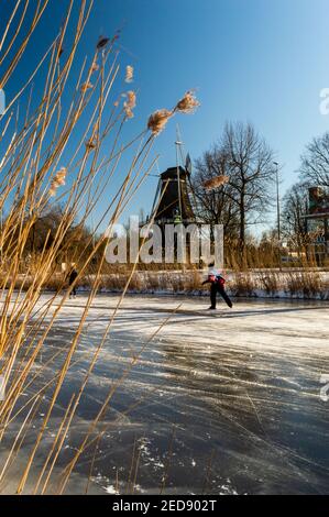AMSTERDAM, NIEDERLANDE, FEBRUAR 13,2021. Gefrorener Kanal neben dem Haarlemmerweg, mit getrocknetem Schilf im Vordergrund, einem Eisläufer und einer Windmühle Stockfoto