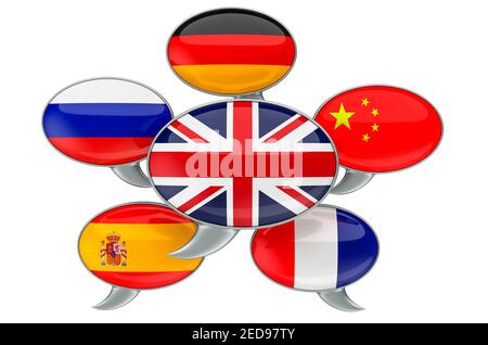 Sprechblasen mit Flags, 3D Rendering isoliert auf weißem Hintergrund Stockfoto