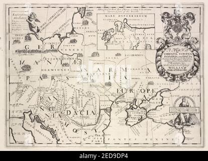 Eine neue Karte von sarmatia Europaea, Pannonia und Dacia, Ihre wichtigsten Divisionen, Menschen, Städte, Dörfer, Flüsse, Berge & c Stockfoto