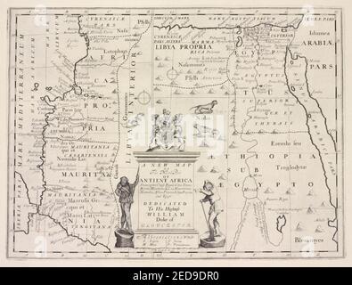 Eine neue Karte der Norden von antient Afrika erweist die Chiefe Menschen, Städte, Dörfer, Flüsse, Berge & c. in Mauretanien, Numidia, Afrika Propria Propria, Libyen und Ägypten Stockfoto