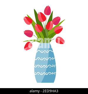 Rote Tulpen Vase in flachem Stil auf weißem Hintergrund. Frühlingsstrauß. Vektorgrafik. Stock Vektor