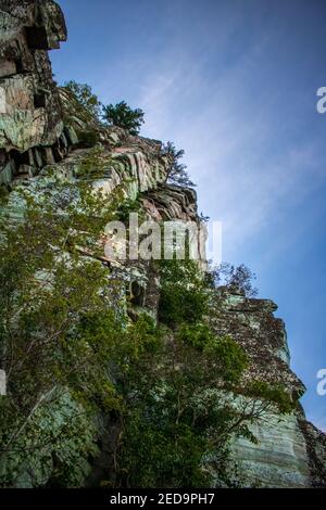 Nahaufnahme von Big Pinnacle, Pilot Mountain State Park, North Carolina Stockfoto