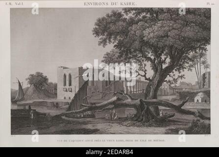 Umgebung du Kaire (Kairo). 1. Vue de l'aqueducsitué près le Vieux Kaire, Pry de l'île de Roudah (el-Rôda) Stockfoto