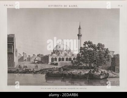 Umgebung du Kaire (Kairo). Vue du Port et de la grande mosquée de Boulâq Stockfoto