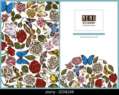 Menüeinband florales Design mit farbigem menelaus blauem Morpho, Zitronenschmetterling, roter Schnürung, afrikanischem Riesenschwalbenschwanz, alcides agathyrsus, wallace's Stock Vektor