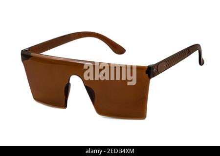 Braune Rap Star Hiphop Stil flache Top randlose Sonnenbrille mit klaren Linsen und dicken Rahmen isoliert auf weißem Hintergrund. Seitenansicht. Stockfoto