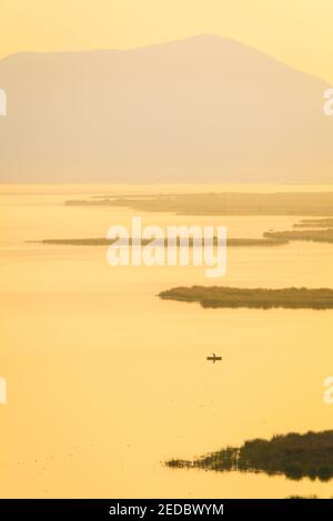 Eineidiger Fischer bei Sonnenaufgang, Lake Cuitzeo, Michoacan, Mexiko Stockfoto