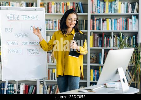 Junge Geschäftsfrau in Augenweide während Video-Meeting oder Online-Unterricht. Attraktive Lehrerin oder Angestellte stehen in der Nähe von Flipchart, machen eine Online-Präsentation, Remote-Arbeit Konzept Stockfoto