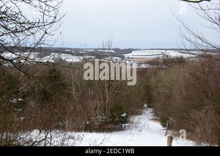 White Hill, Kent im Februar Schnee, Blick nach Westen über Shoreham in Richtung Well Hill und Chelsfield Stockfoto