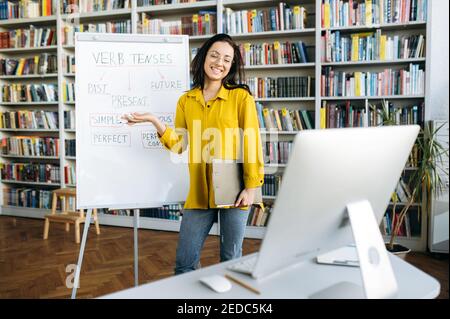 Attraktive junge Frau in Brillen steht in der Nähe Markiertafel. Junge Lehrerin macht Online-Vorlesung oder Ausbildung, erklären ein neues Thema oder Informationen, Fernunterricht Konzept Stockfoto