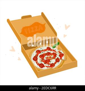 Pizza margherita im offenen Karton. Klassische italienische Tomaten Pizza mit geschnittenen Scheiben. Vegetarische margarita, gut für Promo-Essen Lieferung Stock Vektor