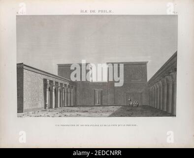 Île de Philæ. Vue perspective du second pylône et de la cour qui le précéde Stockfoto