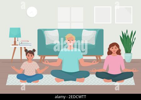 Familie macht Yoga zusammen zu Hause. Niedliche Vektor-Illustration in flachen Stil Stock Vektor