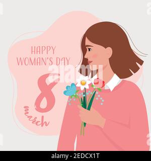 Frau mit einem Blumenstrauß. Konzept des Internationalen Frauentages. Vektorgrafik im flachen Stil Stock Vektor