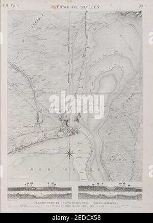 Isthme de Soueys (Isthmus von Suez). Plan du Port de Soueys et du Fond du Golfe Arabique. I-IV Profile du Canal projecte entre les deux mers Stockfoto