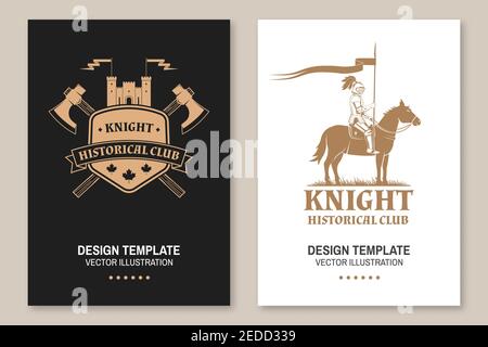 Knight Historical Club Flyer, Broschüre, Banner, Poster. Vektor . Konzept für Shirt, Print, Stempel, Overlay oder Schablone. Vintage-Design mit mittelalterlicher Burg, Ritter auf einem Pferd und Schild Silhouette. Stock Vektor