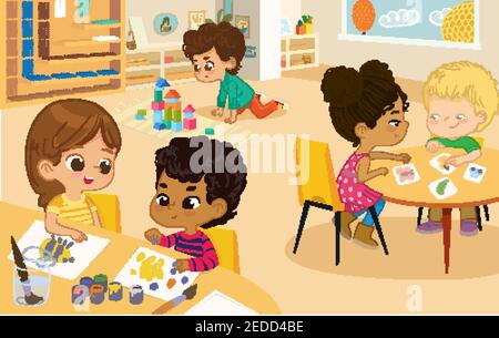 Vorschulklasse. Vektor-Illustrationen von Kindergartenkindern im Spielzimmer, Jungen und Mädchen an verschiedenen Aktivitäten beteiligt und machen Spaß Stock Vektor