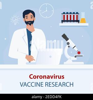 Arzt, Wissenschaftler, der einen Impfstoff erforscht. Coronavirus covid-19 Konzept. Vektorgrafik im flachen Stil Stock Vektor
