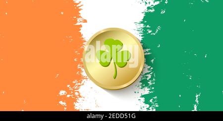 St. Patrick's Day. Kleeblatt Kleeblatt auf Irland Flagge Hintergrund von Grunge Textur für glückliche St. Patricks Day. Ideal für Grußkarte, Poster A Stock Vektor