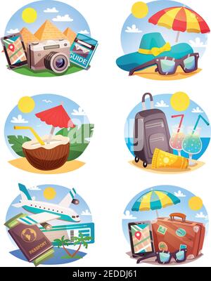 Sommerurlaub Set von runden Kompositionen mit Wahrzeichen Strand-Accessoires Tropische Cocktails Flugreisen isoliert Vektor Illustration Stock Vektor